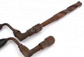 Régi kézi furó ( 2db) hiányos, rozsdás, h: 38 és 72 cm