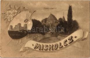 1912 Miskolc, Diósgyőri vár, Avasi református templom, festőpaletta. Kiadja Divald Károly fia. Art Nouveau, floral s: Heysa L. (EK)