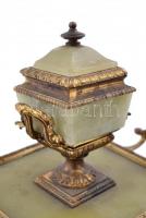 cca 1900 Íróasztali készlet: tintatartó, gyertyatartók, gyufatartó, összesen: 4 db, réz-alabástrom, ...