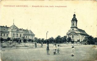 Abony, Kossuth tér, Római katolikus templom, Városháza, Perényi üzlete. W. L. Bp. 2873. (fl)