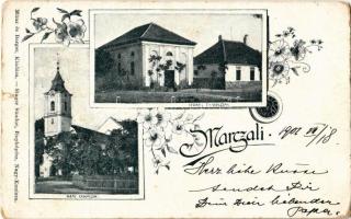 1901 Marcali, katolikus és izrael templom, zsinagóga. Münz és Berger kiadása, Singer Sándor fényképész. floral (szakadás / tear)