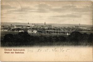 1910 Szakolca, Skalica; látkép, templomok. Kiadja Schefranek H. és Fia / general view, churches (fl)