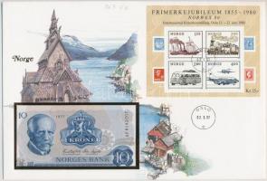 Norvégia 1977. 10K borítékban, alkalmi bélyeggel és bélyegzéssel T:I Norway 1977. 10 Kronur in envelope with stamps and cancellations C:UNC