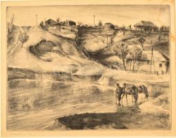 Udvary Pál (1900-1987): Albertfalvai tó. Rézkarc, papír, jelzett, foltos, 29×38 cm