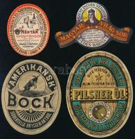 cca 1910-1930 Vegyes sörcímke tétel, 4 db:  Nektár gyógytápsör, Szent István édes barna/magyar világos sör, Amerikansk Bock, Pilsner Öl, 7x9 cm és 5x4 cm közötti méretben