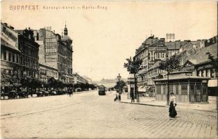 1908 Budapest V. Károlyi körút, Diana Gyógyszertár, Papírnemű gyár, lámpaárugyár, villamos, Haldek szőnyegház (EK)