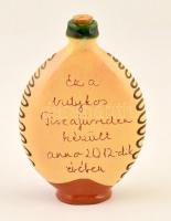 Népi mintás kerámia butykos, jelzett, kis mázhibával, m: 12,5 cm