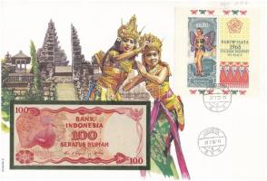 Indonézia 1984. 100R borítékban, alkalmi bélyeggel és bélyegzéssel T:I Indonesia 1984. 100 Rupiah in envelope with stamps and cancellations C:UNC