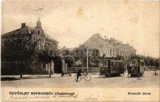 1904 Sopron, Oedenburg; Kossuth utca, villamosok, kerékpáros