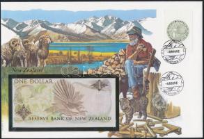 Új-Zéland 1985-1989. 1$ borítékban, alkalmi bélyeggel és bélyegzéssel T:I New Zealand 1985-1989. 1 Dollar in envelope with stamps and cancellations C:UNC