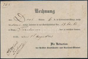 1851 Számla 3 G - 6 Ft ról a Pesther Rundschau und Auctions Blatter szerkesztőségéből.
