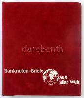 Banknoten-Briefe aus aller Welt érmés és bankjegyes boríték-tartó album, piros, bársonyszerű bevonattal, használt, de jó állapotban.