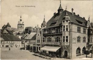 Segesvár, Schaessburg, Sighisoara; tér, Friedrich Schuster gyógyszertára, Fazekas üzlete / square, shop, pharmacy (non PC)