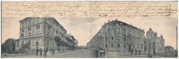 1908 Temesvár, Timisoara; Gyárváros, Andrássy út, Kunz József sor az izraelita templommal, zsinagóga. Kihajtható panorámalap. Kiadja Mangold Sándor / Fabric, street view with synagogue. folding panoramacard (r)