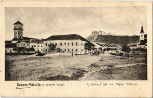 1908 Szepesváralja, Spisské Podhradie; Fő tér és Szepes vára / Spissky hrad / Kirchdrauf mit dem Zipser Schloss / main square, church, old castle (EK)