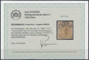 1kr MP III. yellow "PESTH" Certificate: Steiner 1kr MP III. sárga "PESTH" Certif...