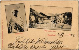 1902 Zanzibar, Swahili girl, Fish market street, vendors, folklore. Coutinho Bros. Photographers No. 13. (EK)