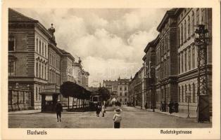 Ceské Budejovice, Budweis; Radetzkystrasse / Radetzky Street, tram, advertisement. E. Zenker 85.