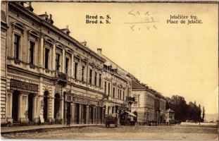1914 Bród, Brod na Savi, Slavonski Brod; Jelacicev trg / tér, Povischel és Kaiser, Markotic és Kisic, Ziga Reich üzlete. W. L. 389. / square, shops (EK)