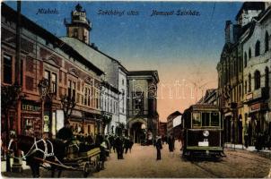 Miskolc, Széchenyi utca, Nemzeti színház, villamos, Liebling üzlete (Rb)