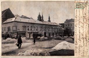 1915 Budapest V. Városház tér télen, A kegyesrendiek épülete, Világ Panoráma, Mozgó mozi, Barhó Ferenc üzlete