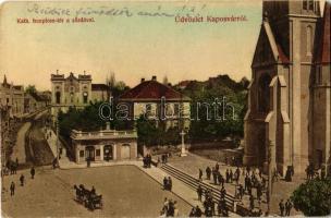 1910 Kaposvár, Katolikus templom tér a zárdával, bazár. Kiadja Fenyvesi Béla (EK)