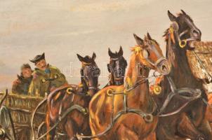 Rónai Antal  (1924-): Vágtató lovasszekér. Olaj, farost, jelzett, 50×90 cm