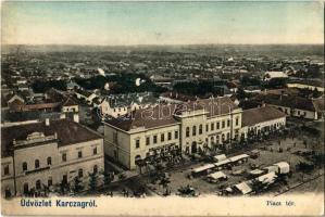 1906 Karcag, Piac tér, Krausz Soma, Legner Fülöp üzlete, Városi Takarékpénztár, Kávéház, piaci árusok, zsinagóga (EK)