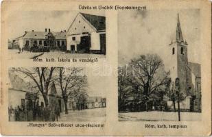 1922 Und (Sopron), Római katolikus templom és iskola, vendéglő, Hangya szövetkezet üzlete, utca (EB)