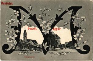 1909 Magyaróvár, Mosonmagyaróvár; Templom tér. Iniciálés szecessziós művészlap / Art Nouveau, floral