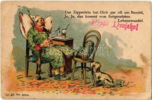 1898 Das Zipperlein hat Dich gar oft am Bandel, Ja ja, das kommt vom fortgesetzten Lebenswandel. Prosit Neujahr! / German humorous motive card, sick old man with dog. litho (EK)