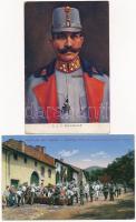 6 db RÉGI katonai motívumlap, 3 fotóval / 6 pre-1945 military motive postcards with 2 photos