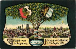 1906 Augsburg, Jubiläums-Volksfest 8-23. September 1906. / 100th anniversary festival of Augsburg, balloon, coat of arms. Art Nouveau, litho s: G. Stempfle (fl)