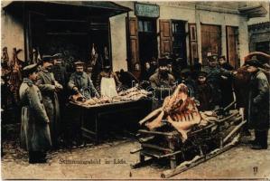 Lida, Stimmungsbild in Lida / street view, butcher shop, meat - from postcard booklet