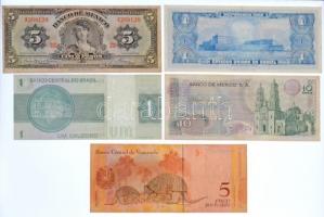 5db-os vegyes külföldi bankjegy tétel, benne Brazília, Mexikó, Venezula, közte Mexikó 1963. 5P T:III 5pcs of various banknotes from Brazil, Mexico, Venezuela, including Mexico 1963. 5 Pesos C:F