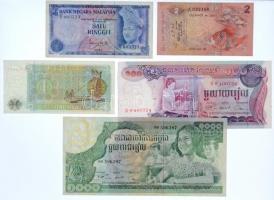 5db-os vegyes külföldi bankjegy tétel, közte Burma, Ceylon, Kambodzsa, Malajzia T:II,III 5pcs of various banknotes, including Burma, Ceylon, Cambodia, Malaysia C:XF,F