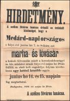 1896 Medárd napi országos marha- és lóvásár hirdetménye. Budapest. 30x42 cm