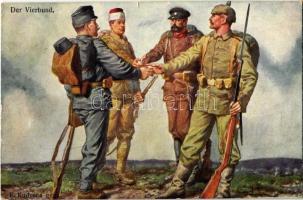 Der Vierbund / WWI K.u.k. military art postcard, Central Powers propaganda. Offizielle Karte für Rotes Kreuz Kriegsfürsorgeamt Kriegshilfsbüro Nr. 369. s: F. Kuderna (EK)