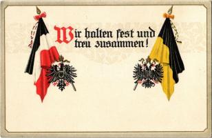 Wir halten fest und treu zusammen! / WWI German flags. Erika Emb. litho