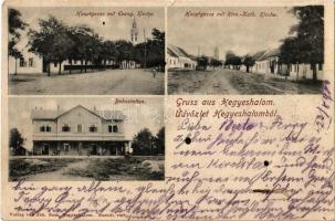 1903 Hegyeshalom, Fő utca, Evangélikus templom, Római katolikus templom, üzlet, Vasútállomás. Kiadja Joh. Natz. (kis szakadás / small tear)