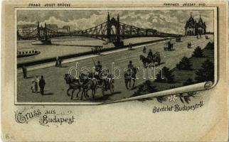 Budapest, Ferenc József híd, hintók és járókelők. Art Nouveau, floral, litho (Rb)