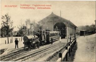 Budapest XII. Svábhegyi fogaskerekű vasútállomás gőzmozdonnyal / Schwabenberg Station der Zahnradbahn / funicular railway station with locomotive