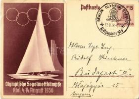 1936 Olympische Segelwettkämpfe Kiel / 1936 Summer Olympics advertisement card, sailing competitions in Kiel, swastika s: Anton + 1936 Berlin Olympia-Stadion XI. Olympiade So. Stpl. (kis szakadás / small tear)