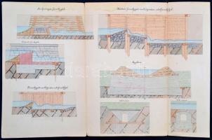 1894 10 db vízmesteri rajz (építéstani, vízépítéstani, fakötések, stb.), kézzel színezett, sérült
