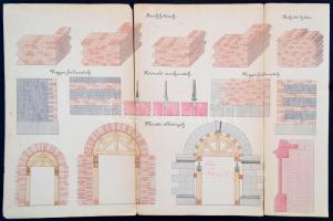 1894 10 db vízmesteri rajz (építéstani, vízépítéstani, fakötések, stb.), kézzel színezett, sérült