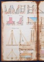 1894 10 db vízmesteri rajz (építéstani, vízépítéstani, fakötések, stb.), kézzel színezett, sérült