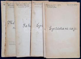 1894 10 db vízmesteri rajz (építéstani, vízépítéstani, fakötések, stb.), kézzel színezett, sérült