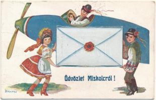 1942 Miskolc, Népviseletes repülős leporellólap / folklore leporellocard with airplane s: Bernáth (EB)