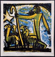 Kunt Ernő (1920-1994): Betlehemi kántor. Színezett linómetszet. Jelzett. 25x26 cm
