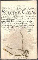 1832 Udvari fogalmazói kinevezés Győry László részére gróf Reviczky Ádám (1786-1862) kancellár saját kezű aláírásával, papírfelzetes viaszpecséttel.
